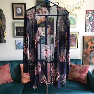 ALICE BLUE size S Navy Blue & Mauve Floral Print Stretch Mesh Open Cardigan
